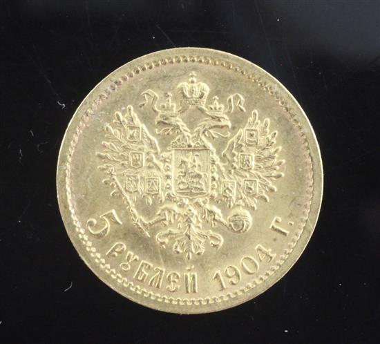 A Russian Nicholas II five rouble gold coin, 1904 4.3g, GVF